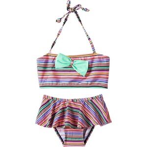 Girls Striped Bikini Swimsuit Mint Bow Halter Ruffle Skirt Size 9/10-NWT